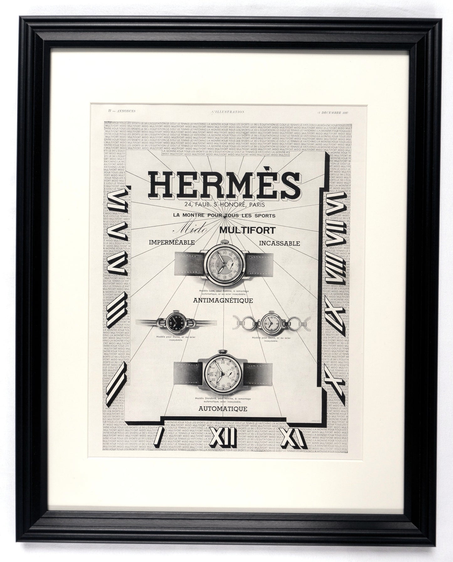 Framed 1937 Original Hermès & Mido French Advertisement