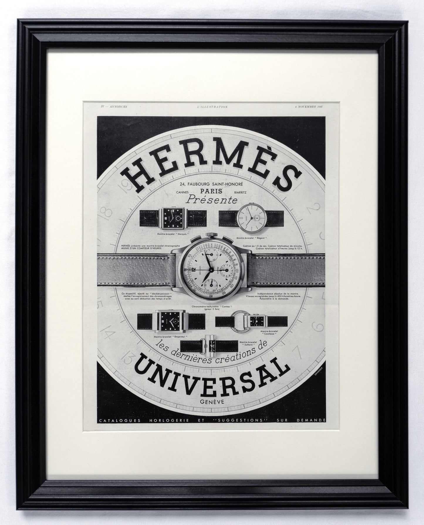 Framed 1937 Original Hermès & Universal Geneve French Advertisement