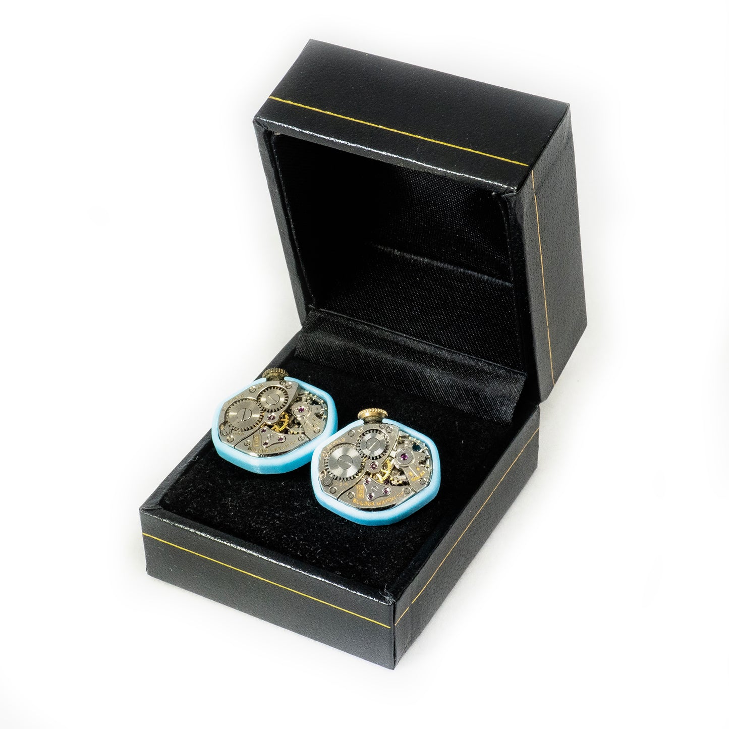 Silver Bulova Watch Movement Cuff Links in 3d Printed Cases in Black Gift Box in Black Gift Box