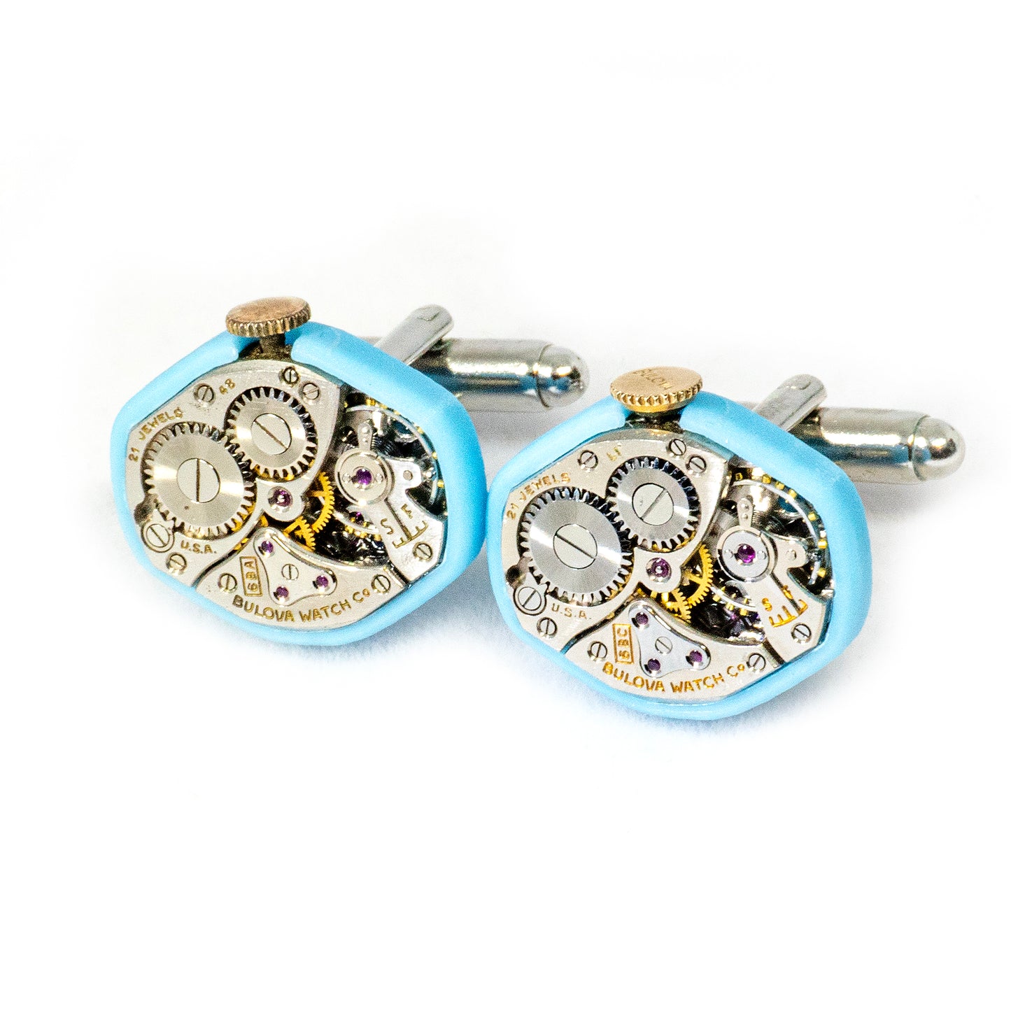 Silver Bulova Watch Movement Cuff Links in 3d Printed Cases
