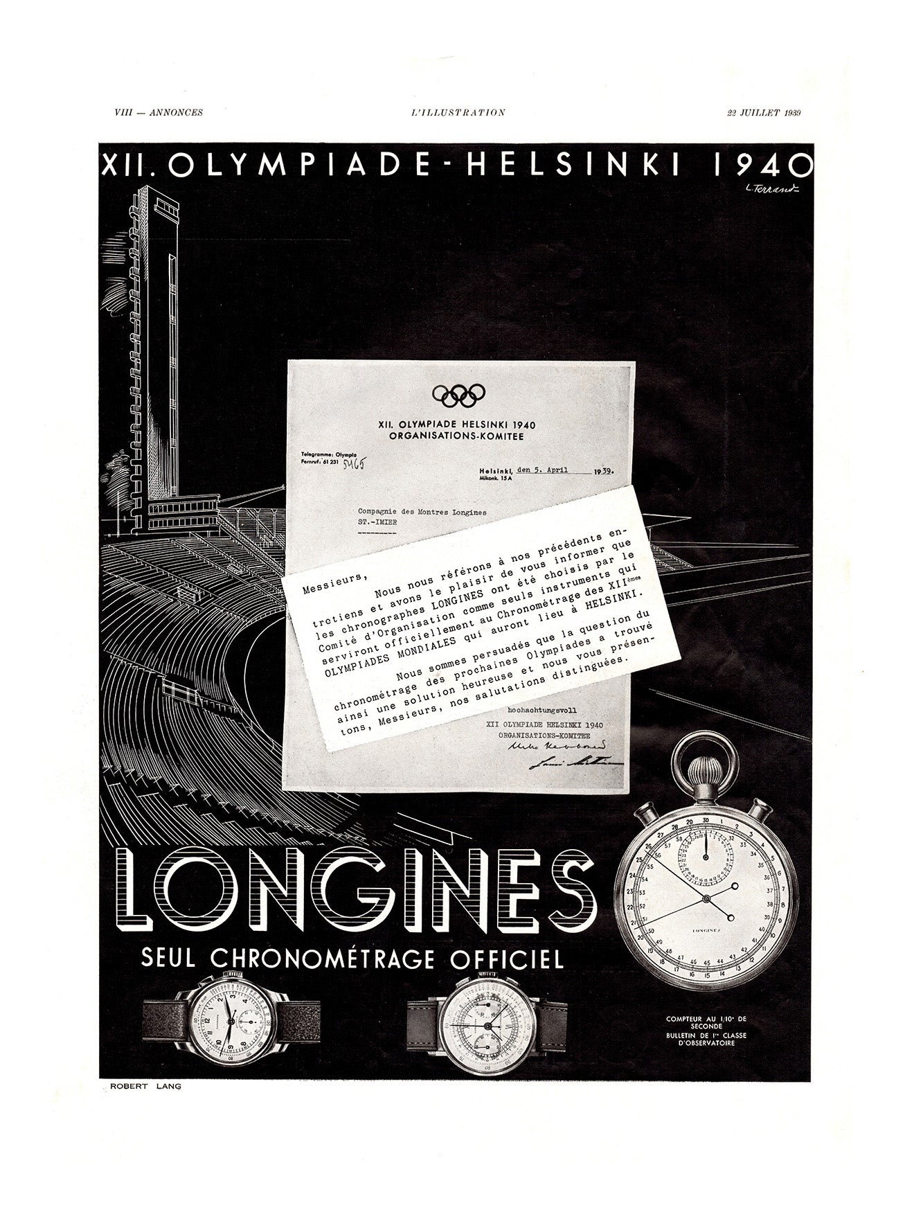 1939 Longines Helsinki Olympics French Advertisement