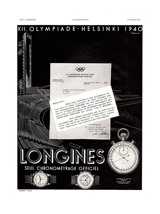 1939 Longines Helsinki Olympics French Advertisement