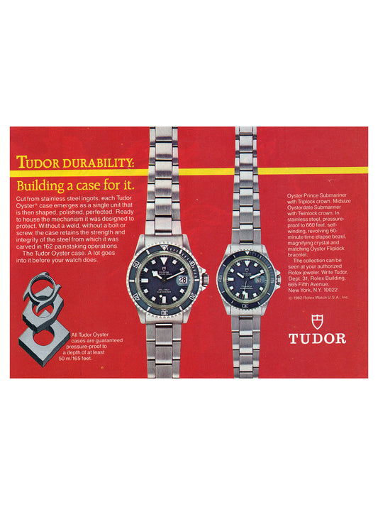 Tudor watch advertisement with two watches on a red background