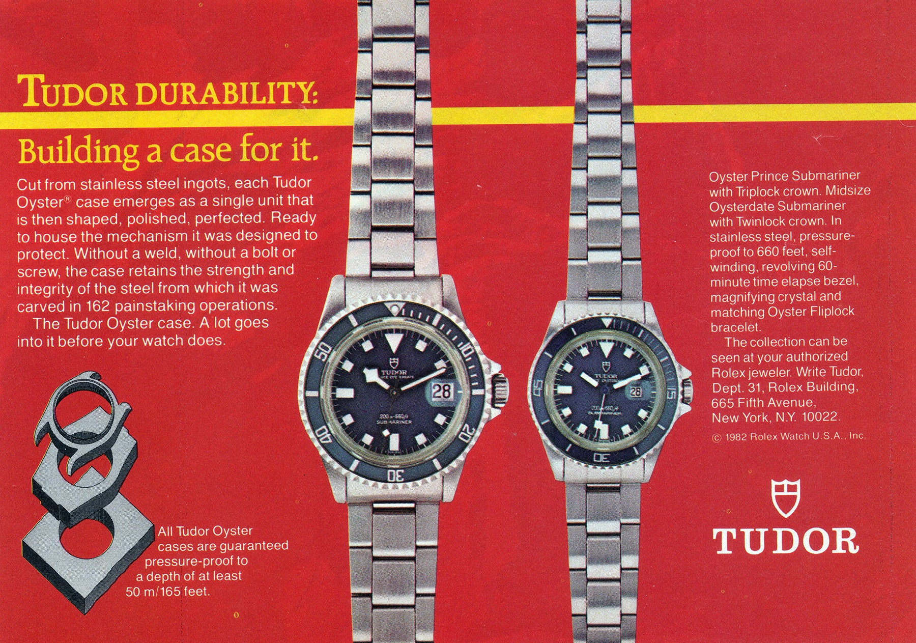 Tudor watch advertisement with two watches on a red background